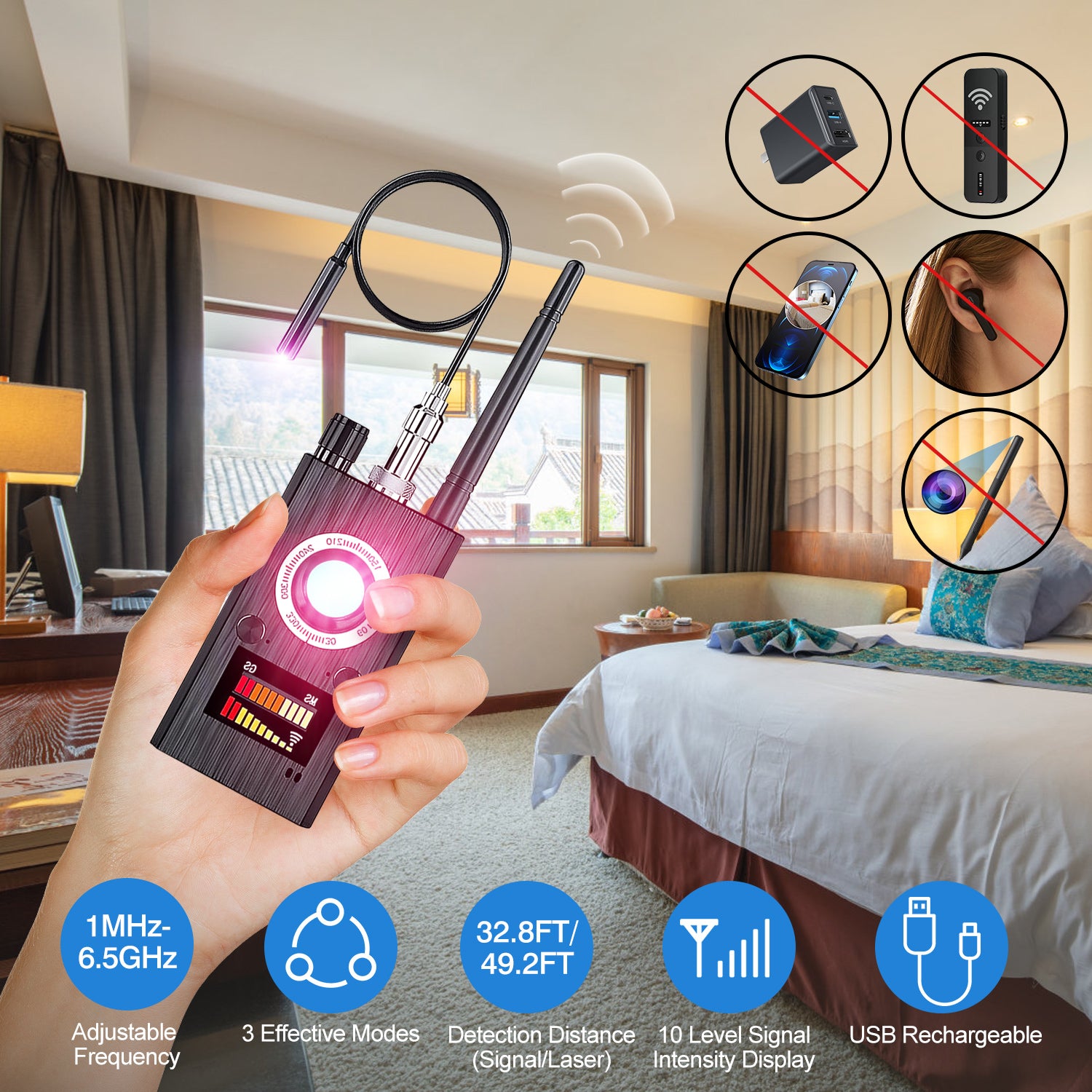 Hidden Camera Detector Anti Spy Detector RF Signal Scanner with 3 Effective Modes 1MHz-6.5GHz Frequency for GPS Trackers Eavesdropping Devices