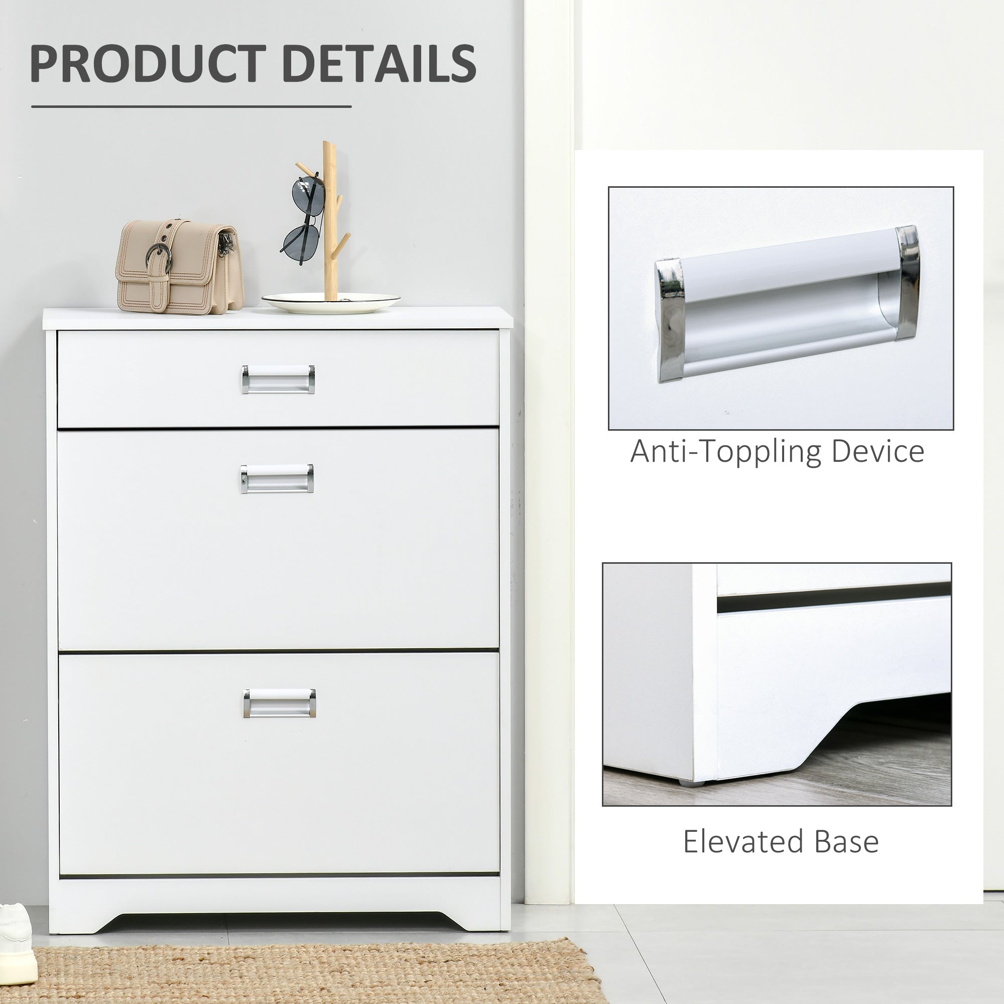 HOMCOM Compact Shoe Sanctuary: Storage Cabinet with Drawer, 2 Flip Doors, Adjustable Shelves for 16 Pairs, White
