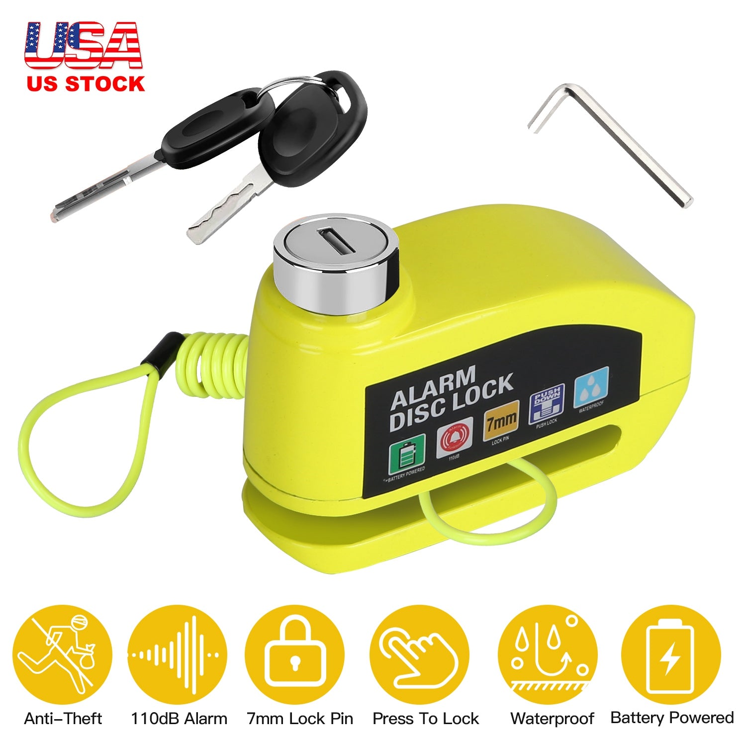 Motorcycle Disc Lock Alarm Anti-theft Brake Disc Lock Wheel Alarm Security Lock with 110dB Alarm 2 Keys 3.94FT Reminder Cable for Motorbike Bike Scoot