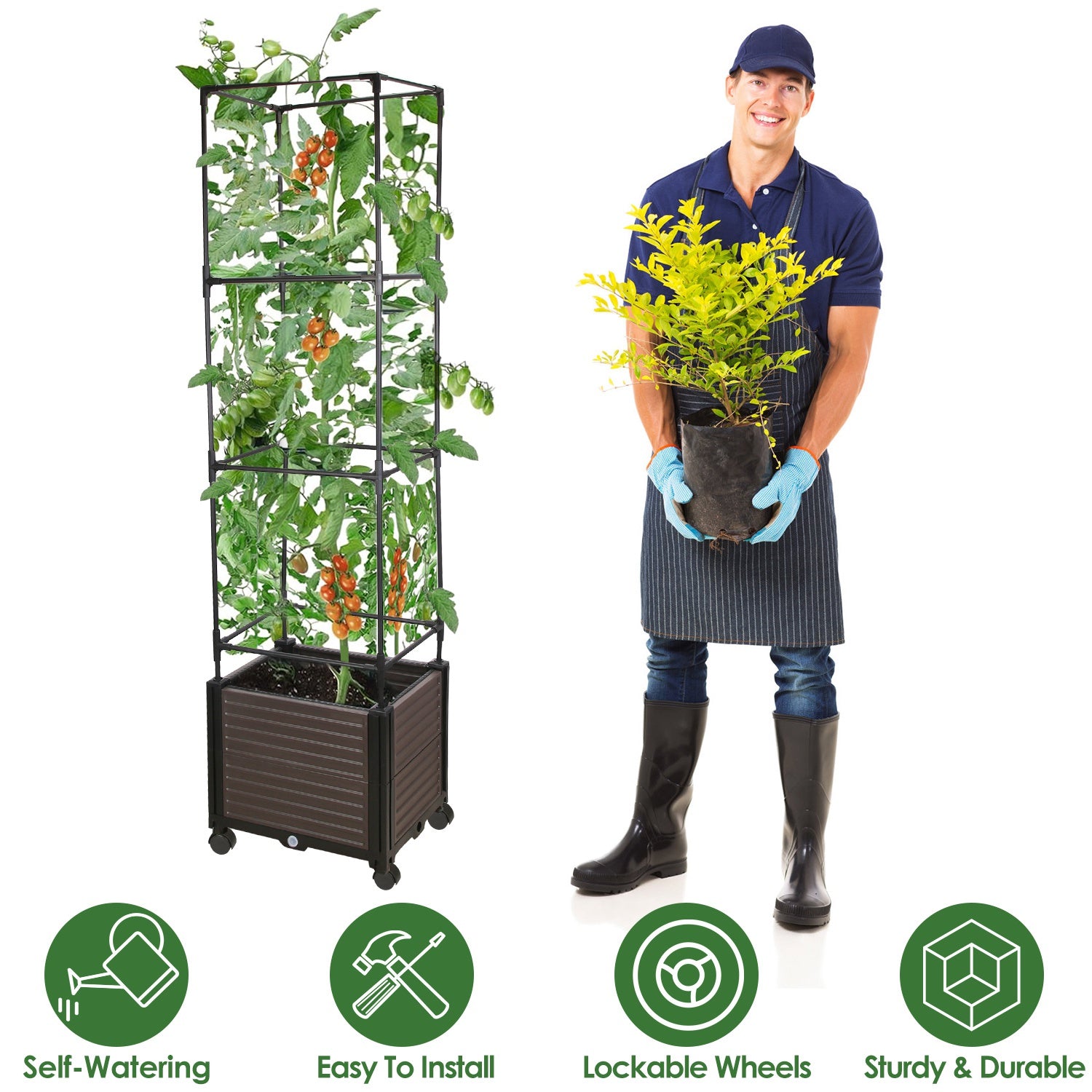 62.99IN Raised Garden Bed Planter Box with Trellis Wheels Self-Watering Vertical Raised Planter Box Crater for Climbing Plants Vegetable Vine Flowers