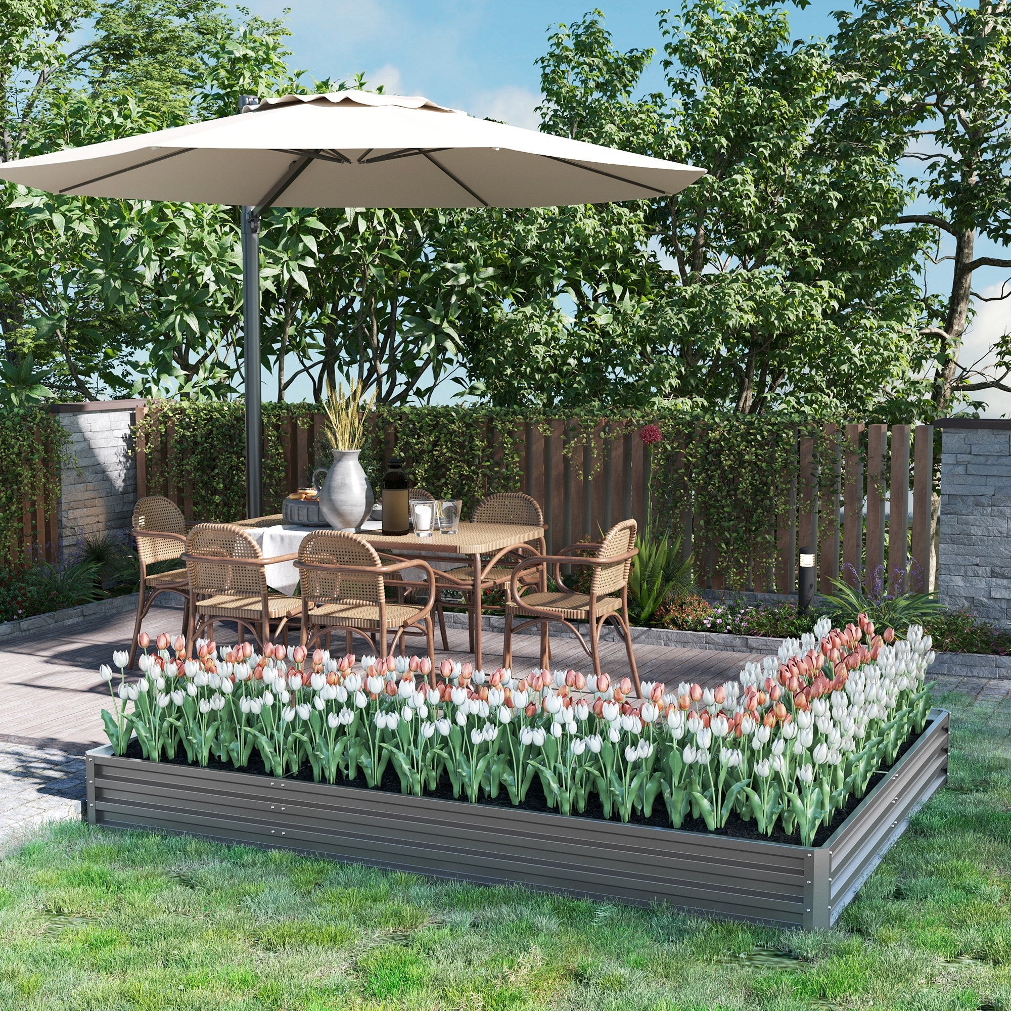 Outsunny 82" x 109" x 12" L-Shaped Galvanized Steel Raised Garden Bed Planter Box Multi-Rods Dark