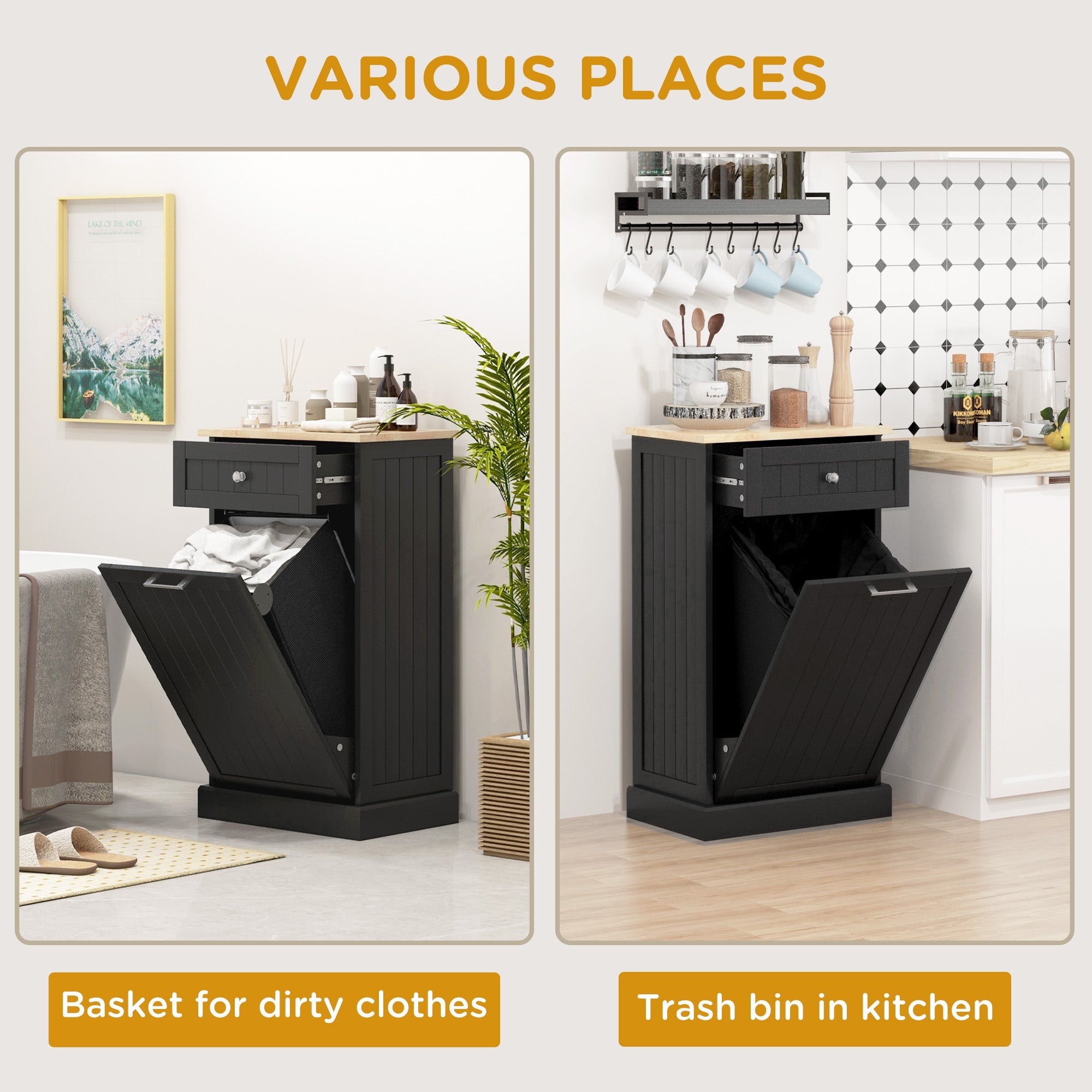 HOMCOM Kitchen Tilt Out Trash Bin Cabinet, Free Standing Recycling Cabinet, Trash Can Holder with Drawer, Black
