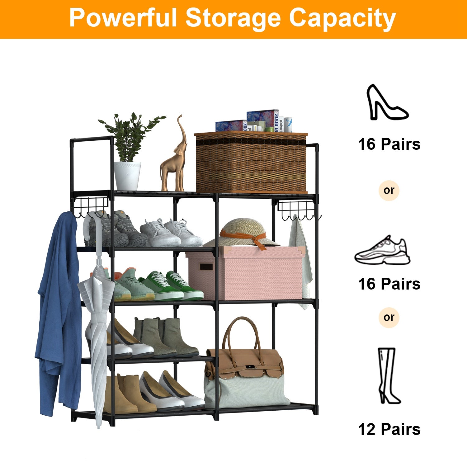 5 Tiers Plus 3 Tiers Shoe Rack Metal Shoe Storage Shelf Free Standing Shoe Stand 16+ Pairs Shoe Tower Unit Tall Shoe Organizer with 2 Row Hooks for En