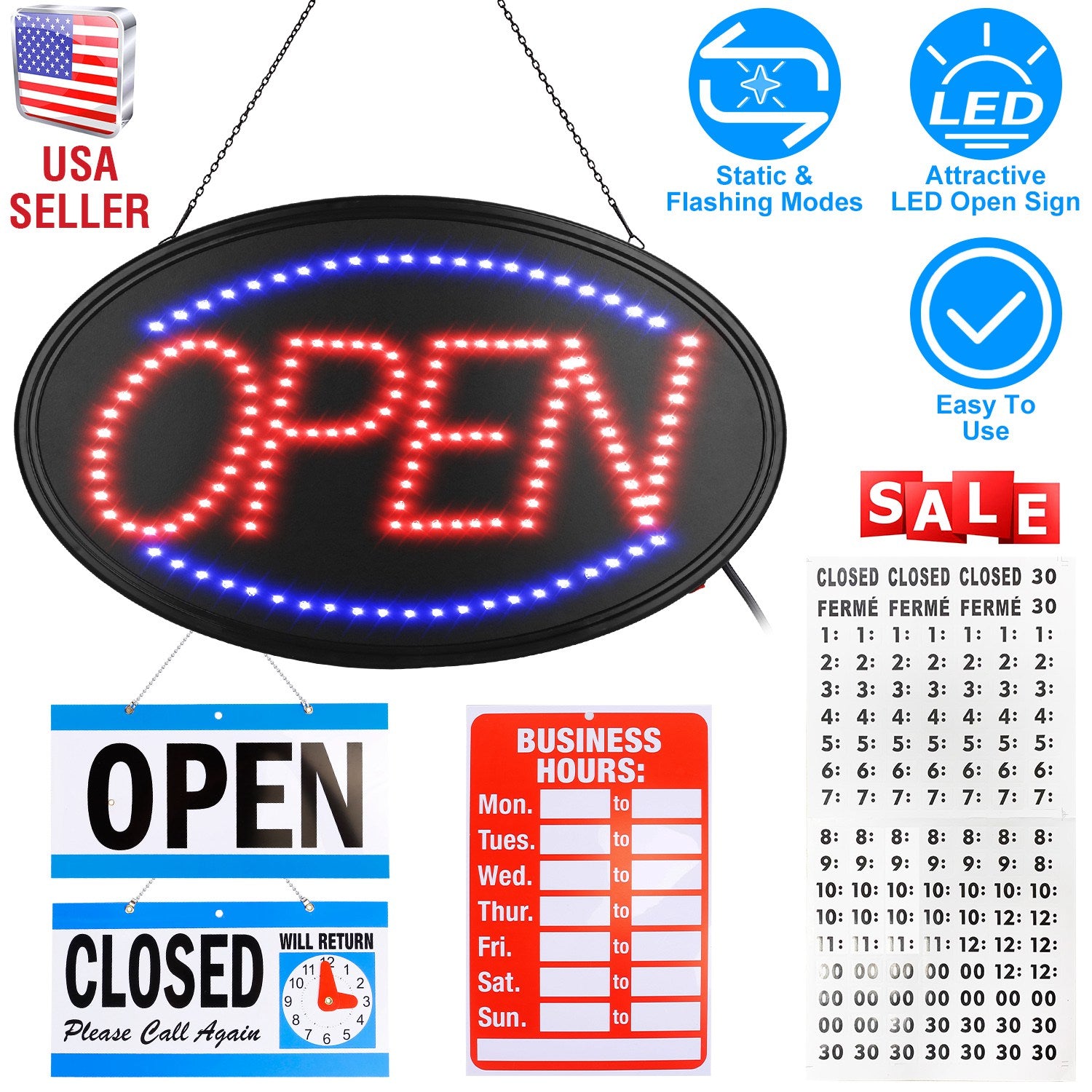 LED Open Sign 22.64x13.78In Business Neon Open Sign Advertisement Board with Steady Flashing Modes Business Hours and Open Closed Sign