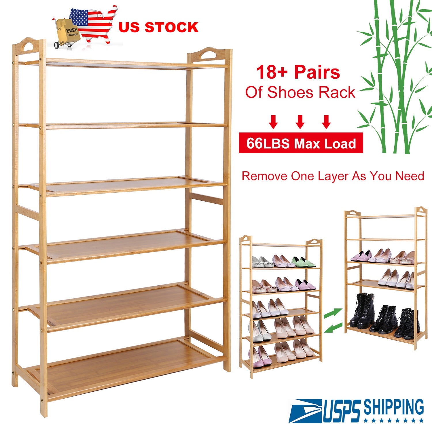 6 Tier Bamboo Shoe Rack Organizer Shoe Self Storage Entryway Standing Shelf Shoe Tower