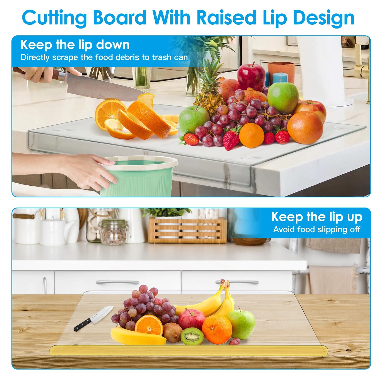 Clear Acrylic Kitchen Cutting Board with Counter Lip 17.71x15.74IN Non-Slip Transparent Countertop Cutting Board Kitchen Countertop Protector For Dini