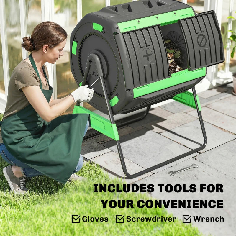 Compost Bin Outdoor, 53 Gal Dual Chamber Tumbling Composter with Adjustable Vents, BPA Free Tumbling Composter, Green