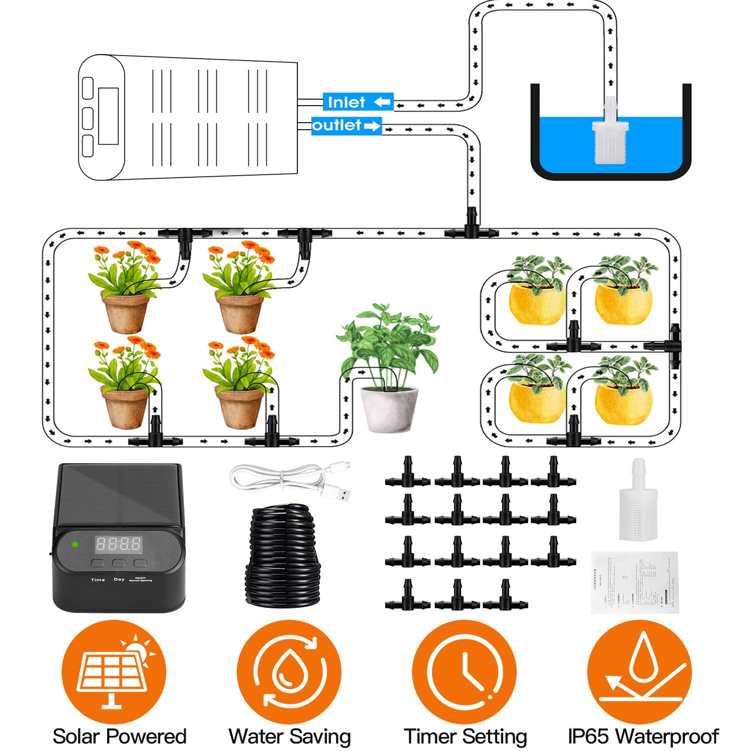 Automatic Solar Powered Drip Irrigation System Kit Rechargeable Plant Programmable Watering Timer Device Up to 15 Plants For Indoor Outdoor Patio Gard
