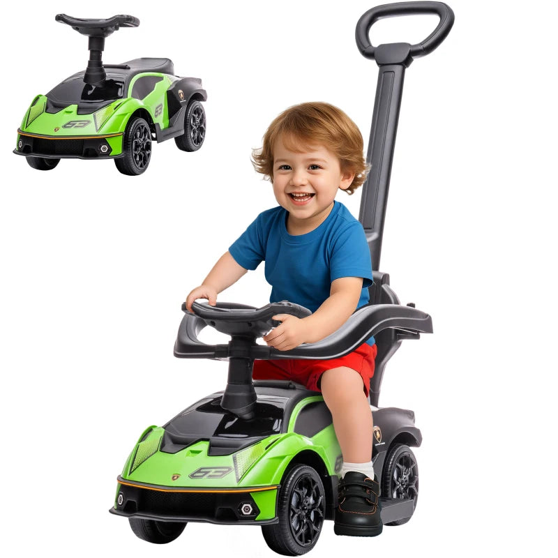 Aosom 3 in 1 Ride on Push Car for Toddlers, Licensed Kids Sliding Car with Safety Protection Footrest Horn, Green