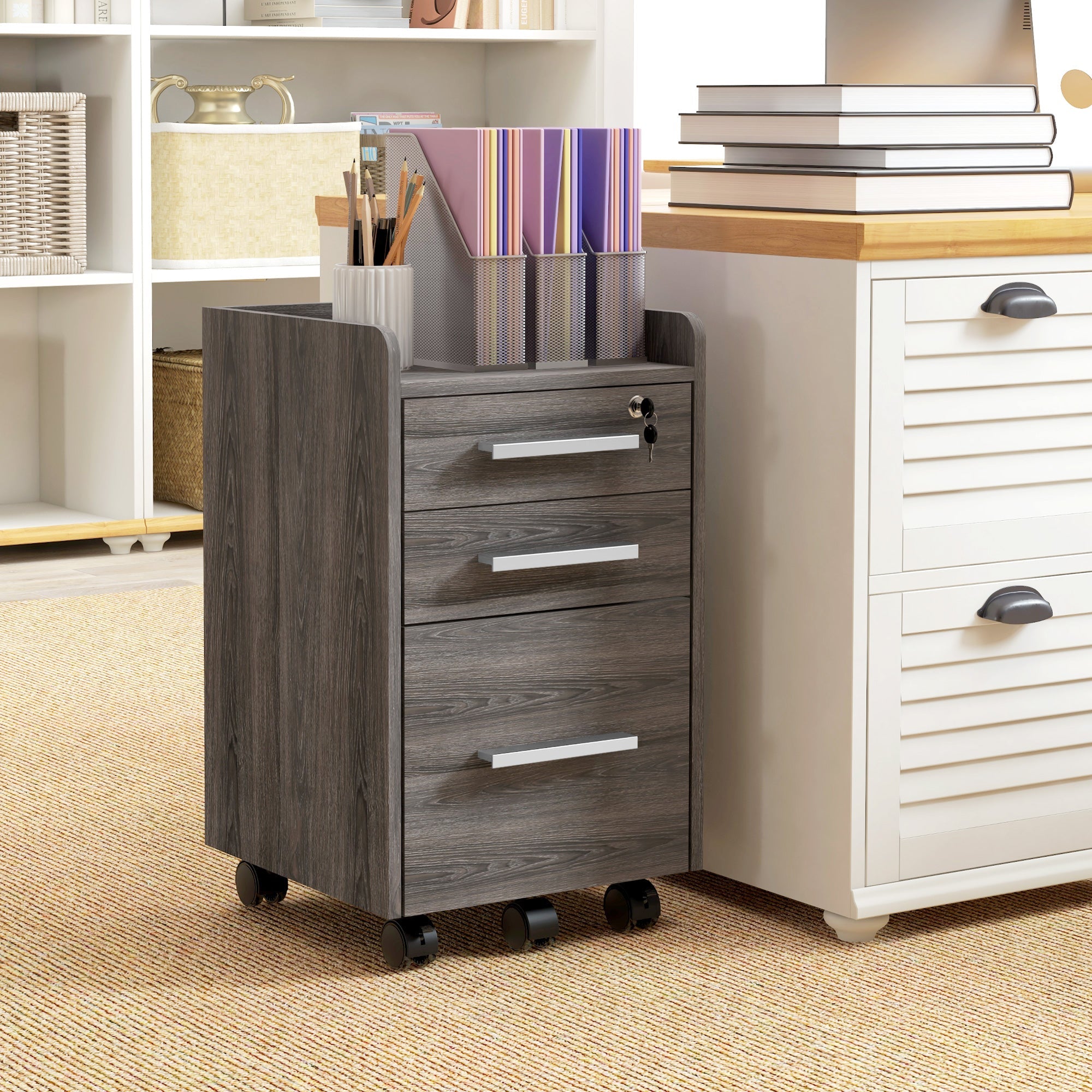 HOMCOM 3 Drawer Vertical Mobile Filing Cabinet with Lock and Wheels for A4 Letter Size Grey