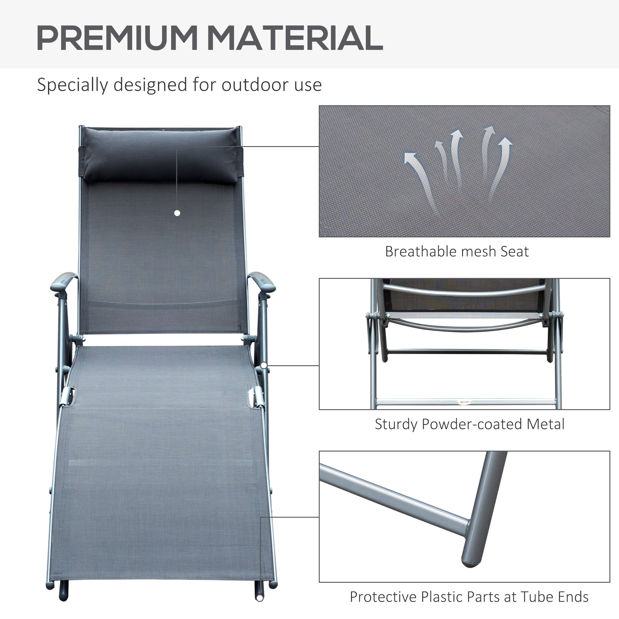 Outsunny Folding Patio Chaise Lounge Chair Recliner Adjustable Garden with Pillow Grey
