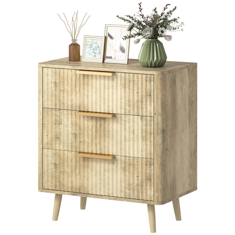 Fluted Chest of Drawers, Modern 3 Drawer Dresser with Pine Wood Legs, Finger Pulls for Closet, Living Room, Hallway, Oak