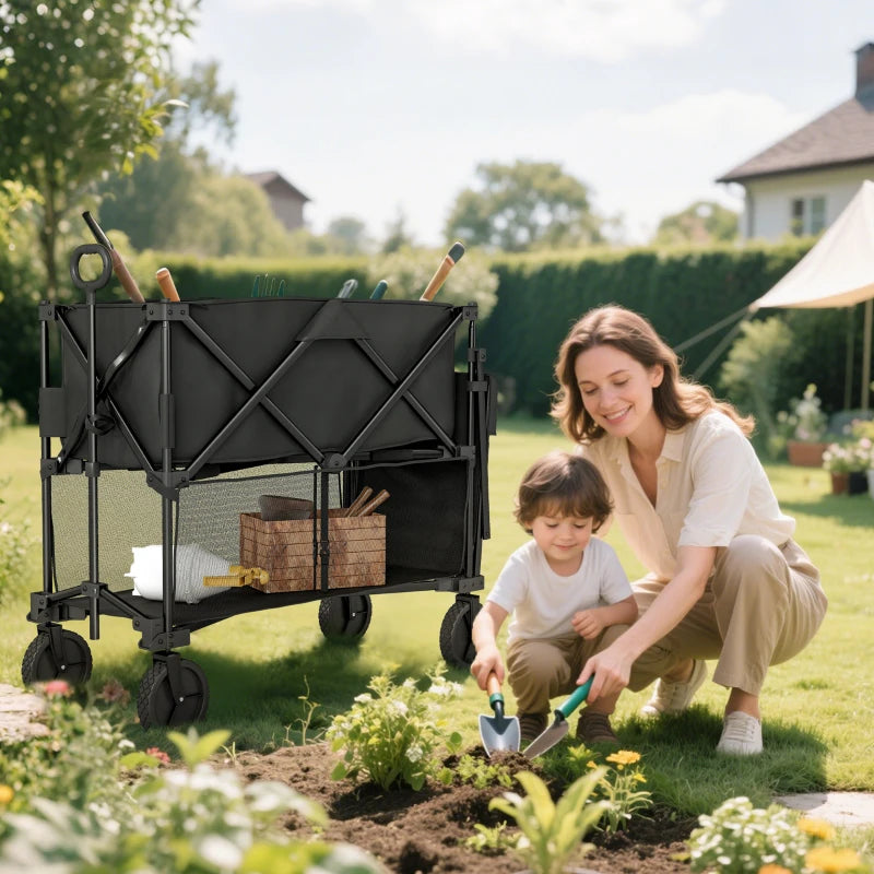Double Decker Folding Wagon Cart, 450LBS & 350L Capacity Collapsible Garden Cart for Camping Sports Shopping and Beach