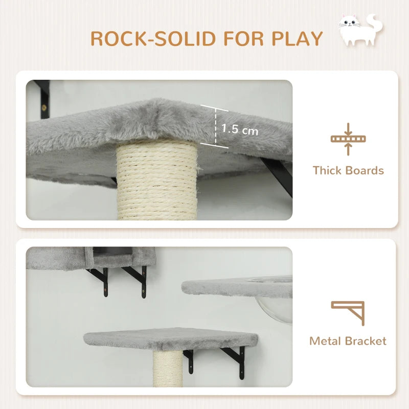 Cat Wall Shelves Set of 7, Shelves and Perches with House, Sisal Post Ladder, Bed & Ball, Grey