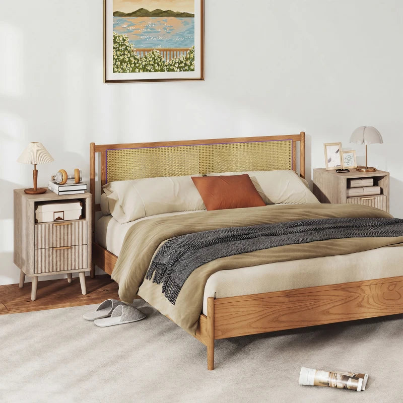 Nightstands Set of 2, Modern Bedside Tables with Charging Station, 2 Drawers and Open Shelf, Grey