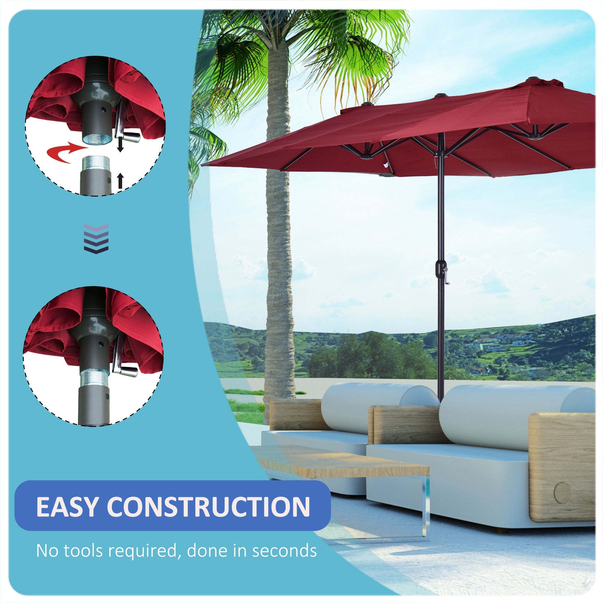 Outsunny 15' Double Canopy Patio Umbrella Sunshade Steel w Lift Crank Wine Red