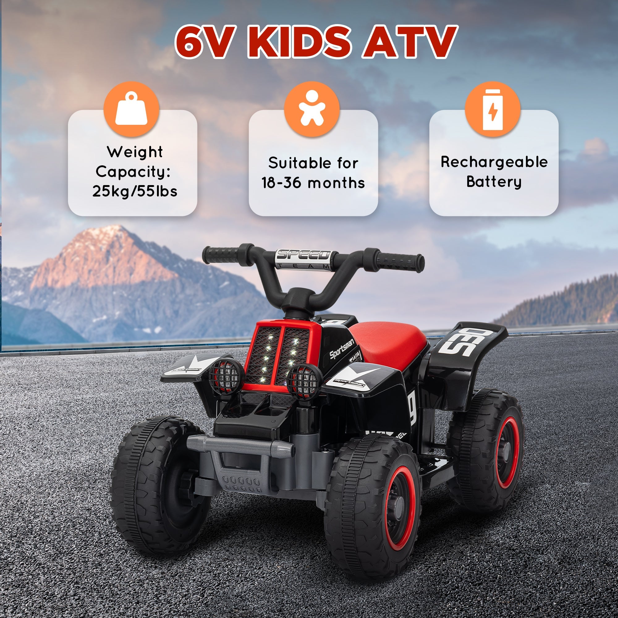 Qaba 6V Kids ATV Quad, 4 Wheeler Battery Powered Electric Ride on Car w/ Lights, Forward Backward, for 3-6 Years, Black