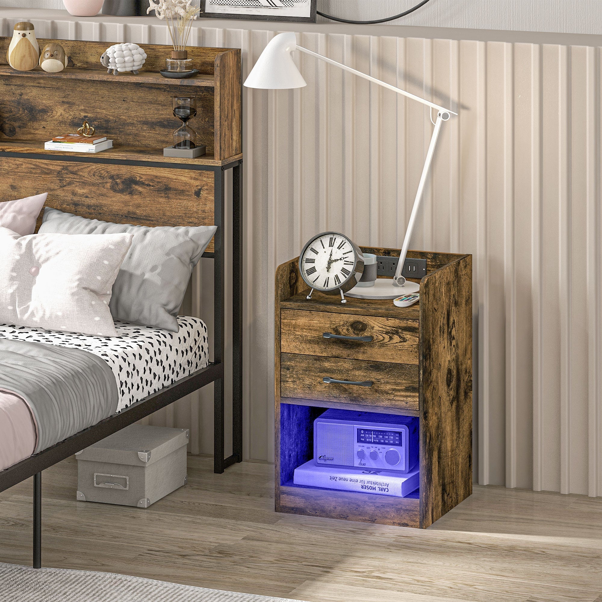 HOMCOM Charging Nightstand Oasis: Brown Rustic Bedroom Furniture with LED Lights, AC Outlets, USB Ports, 2 Drawers & Shelf