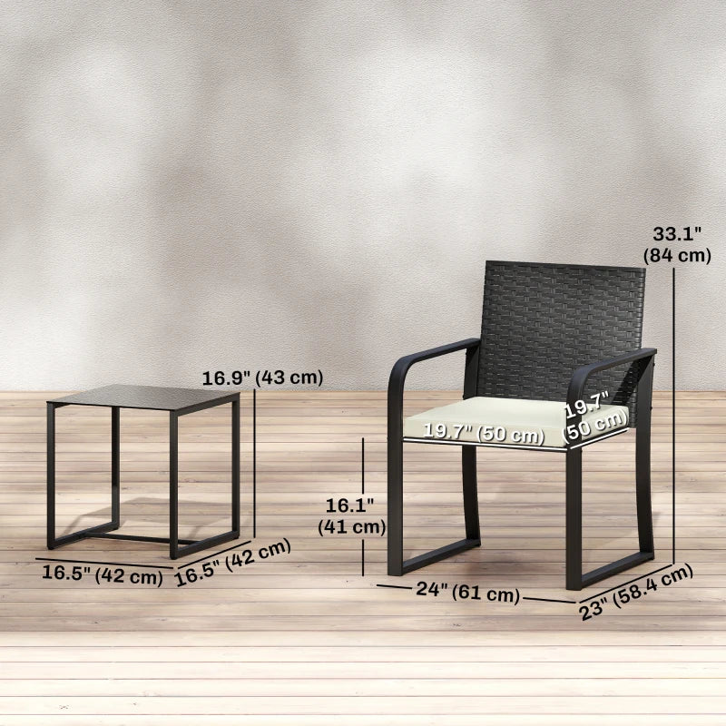Outdoor Bistro Set, 3 Piece Wicker Patio Furniture with Mesh Seat, Glass Table, Cushions for Porch, Balcony, Cream White