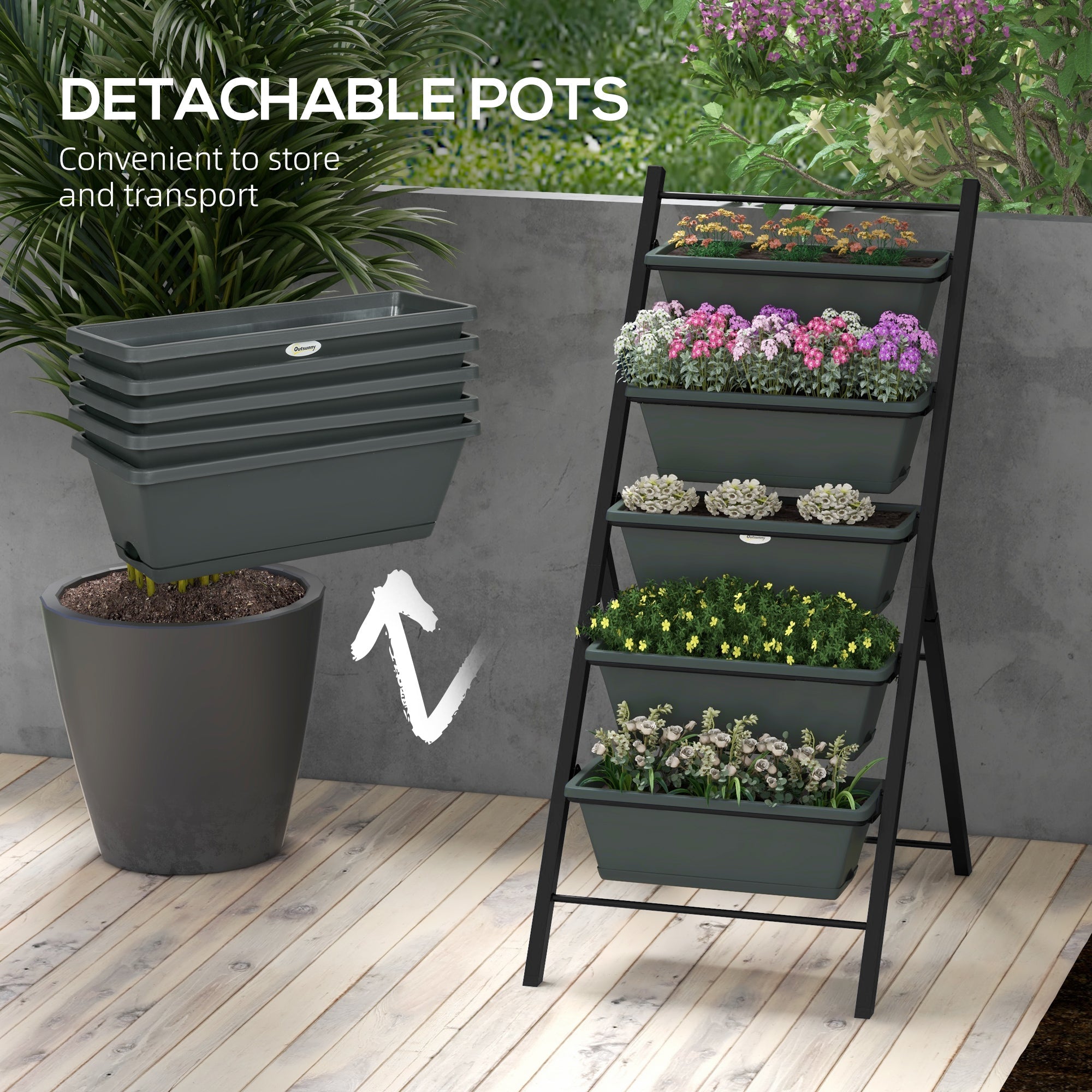 Outsunny 5-Tier Vertical Garden Planter Outdoor Plant Stand with 5 Container Boxes for Vegetables Flowers Grey