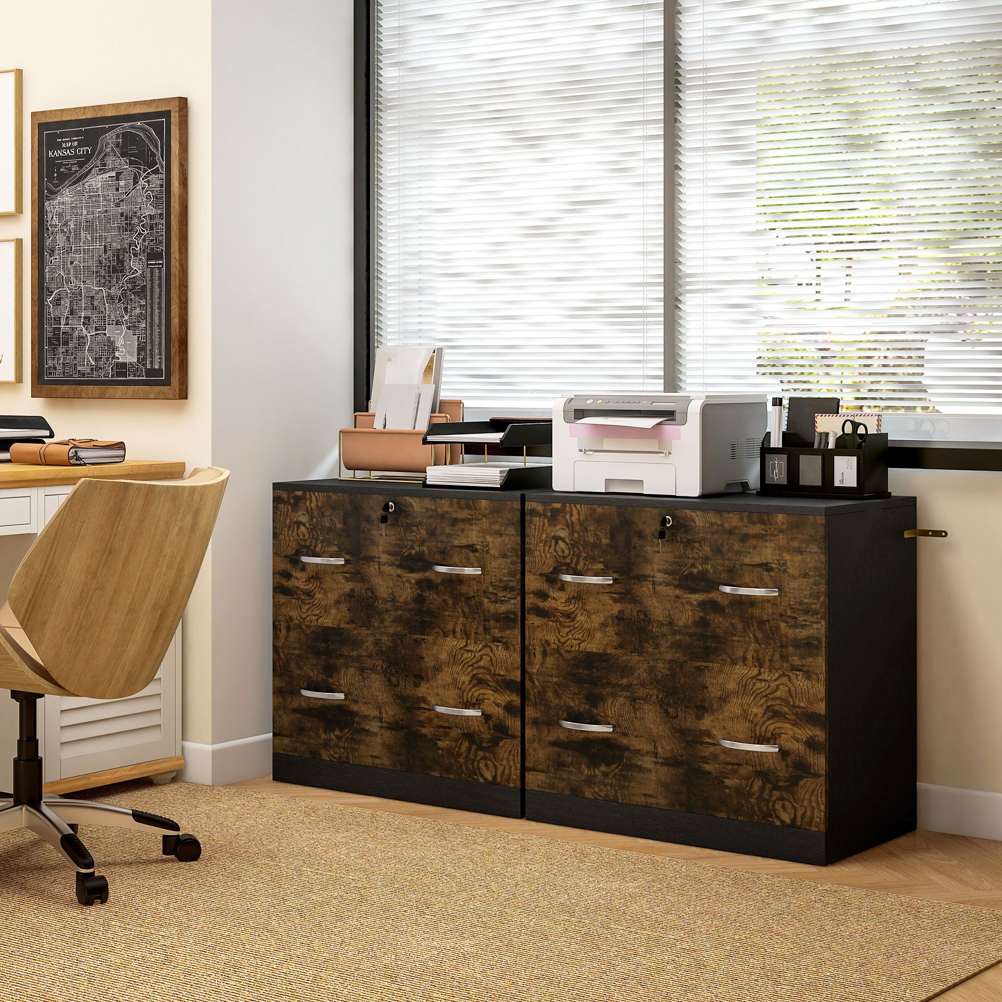 Vinsetto 2 Drawer File Cabinet with Lock, Office Filing Cabinet, Hanging Bar for Letter Size, Home Office, Rustic Brown