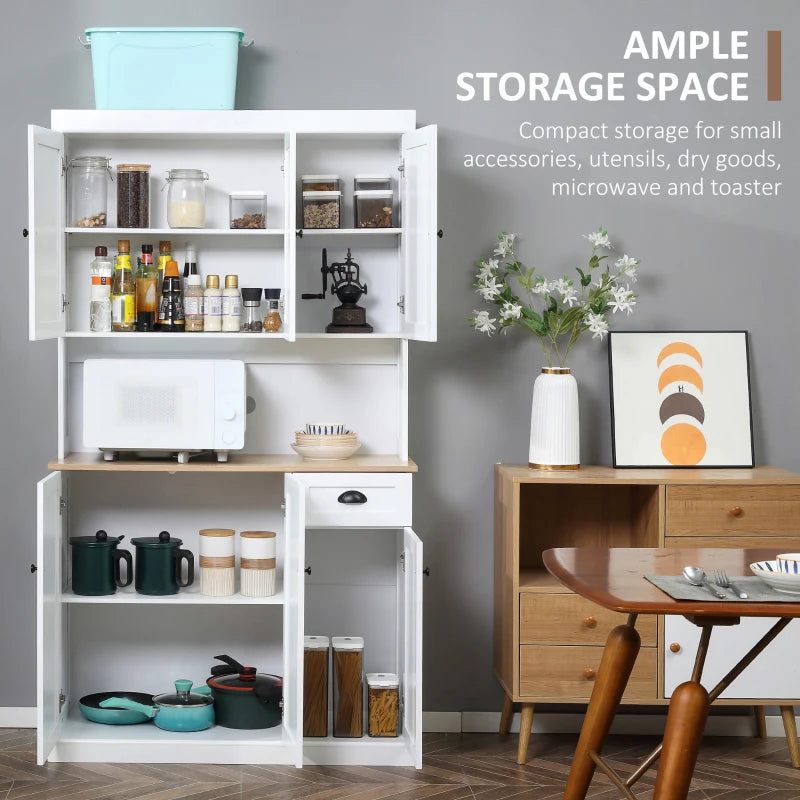 71" Kitchen Pantry Buffet with Hutch Storage Cabinet Microwave Oven Stand with Drawer, White, Oak
