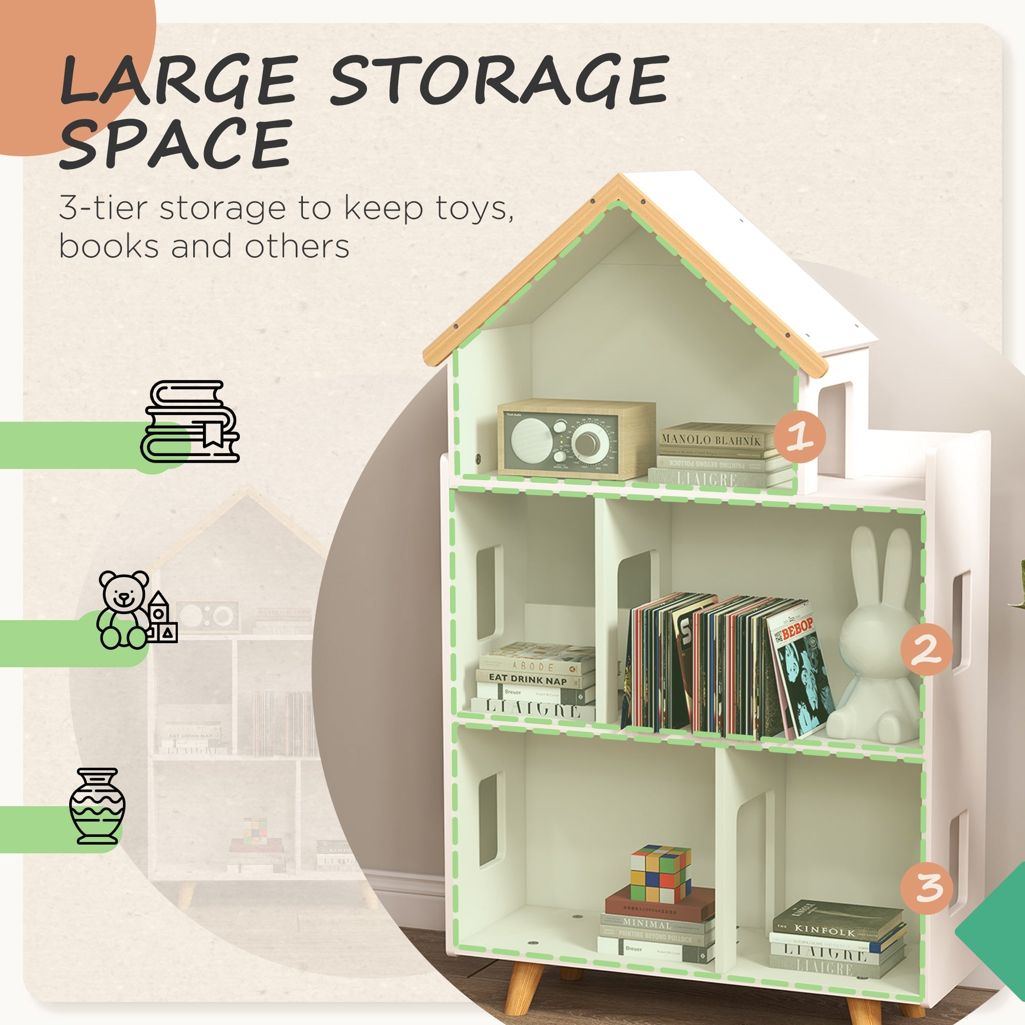 Qaba Toy Storage Organizer Cabinet 3 Tier Kids Bookshelf Playroom Room Nursery Kindergarten White