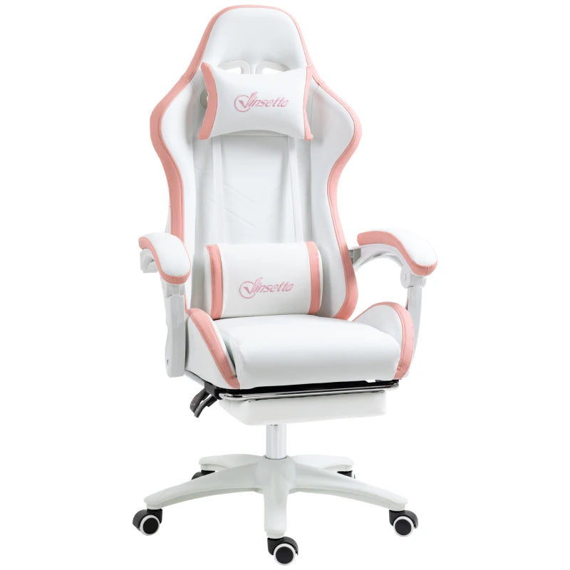 Computer Gaming Chair, PU Leather Office Desk Chair with Footrest, Swivel Wheels, 135° Reclining Back, White
