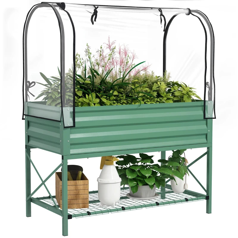 Raised Garden Bed with Cover, Metal Elevated Planter Box with Bottom Shelf and Liner, Green
