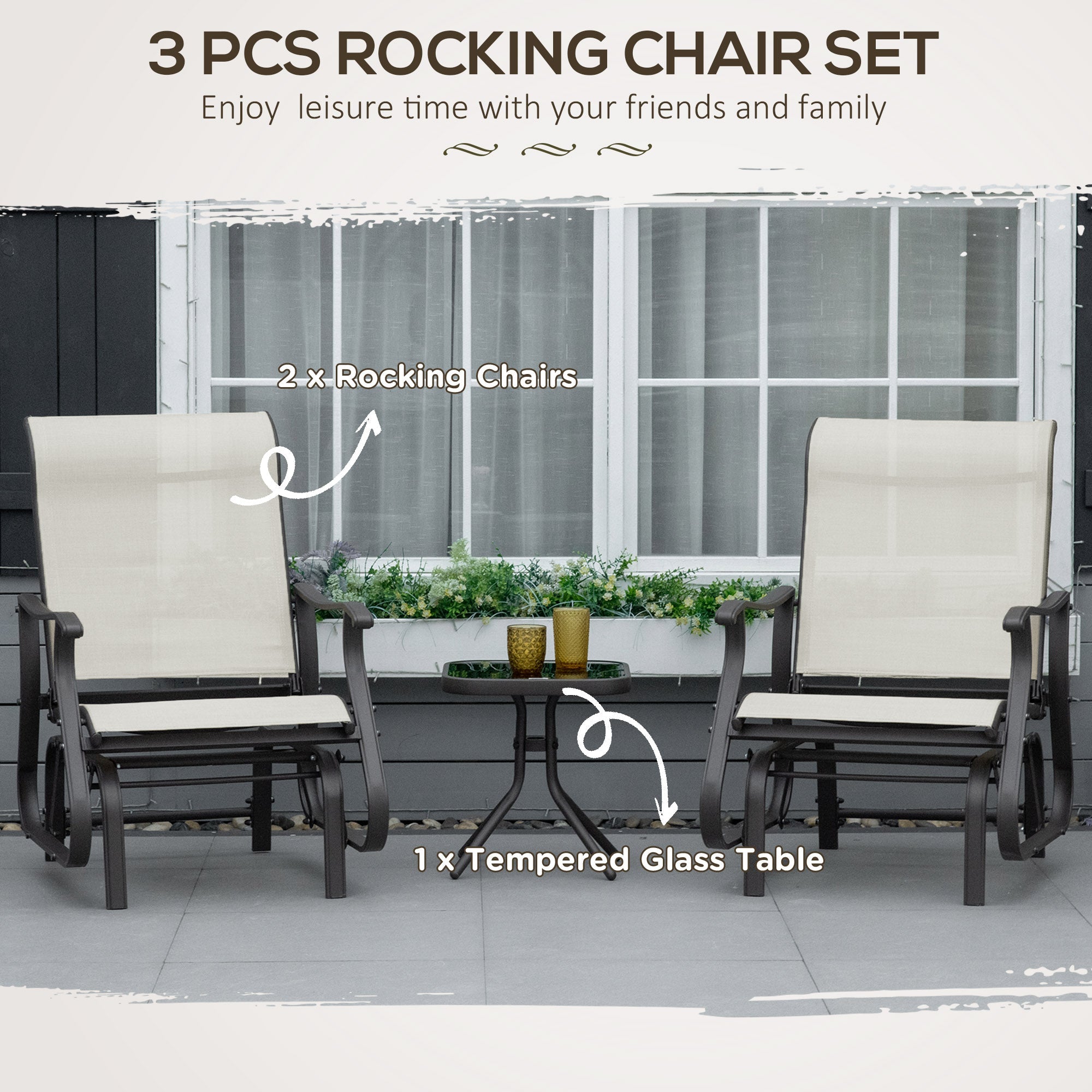 Outsunny 3PCs Gliding Chair Set with Bistro Square Glass Top Tea Table 2 Glider Rocking Chairs Garden Patio Cream White
