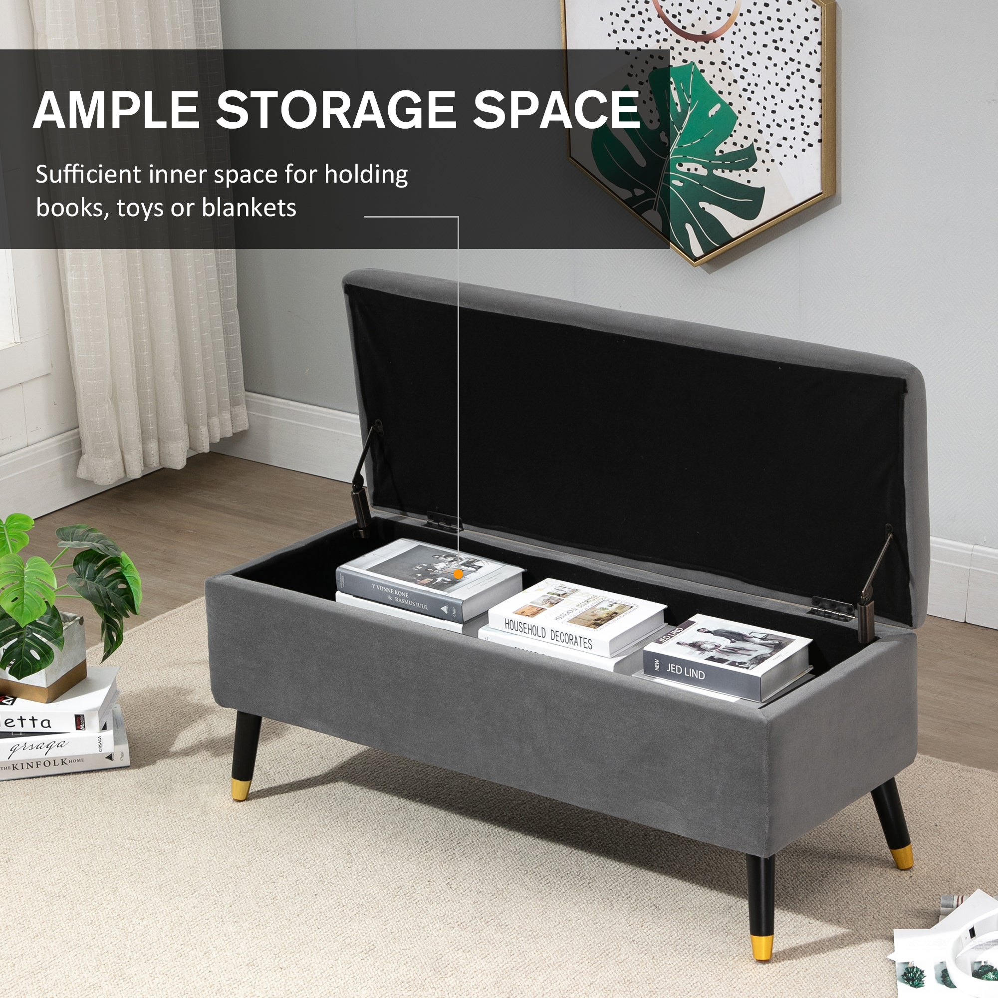 HOMCOM Fabric Storage Chest: Lift-Top Design with Wooden Legs for Versatile Seating