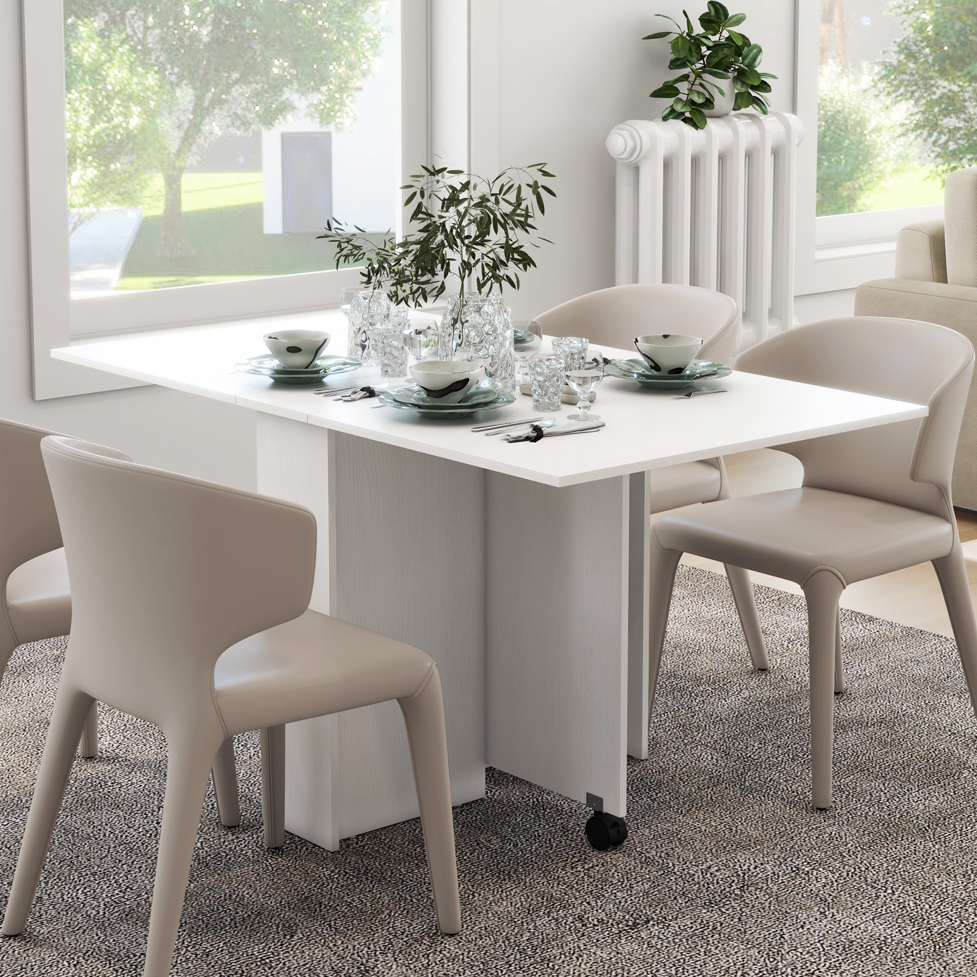HOMCOM Foldable Drop Leaf Side Table Console Writing Desk with Storage Shelves 2 Wheels for Kitchen White Finish