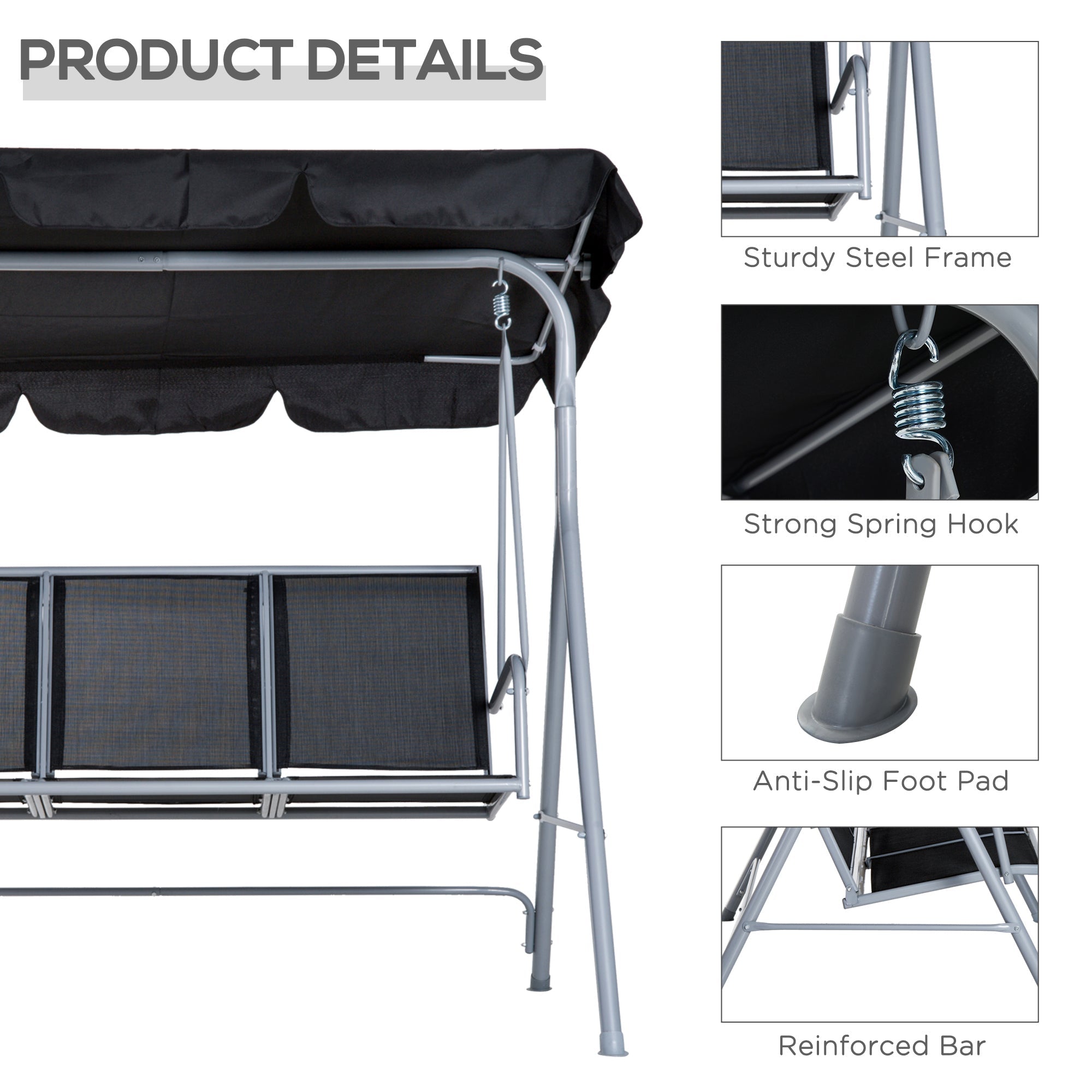 Outsunny A Frame 3 Seater Swing Chair Outdoor Garden Hammock Porch Glider Bed with Canopy Cover Black