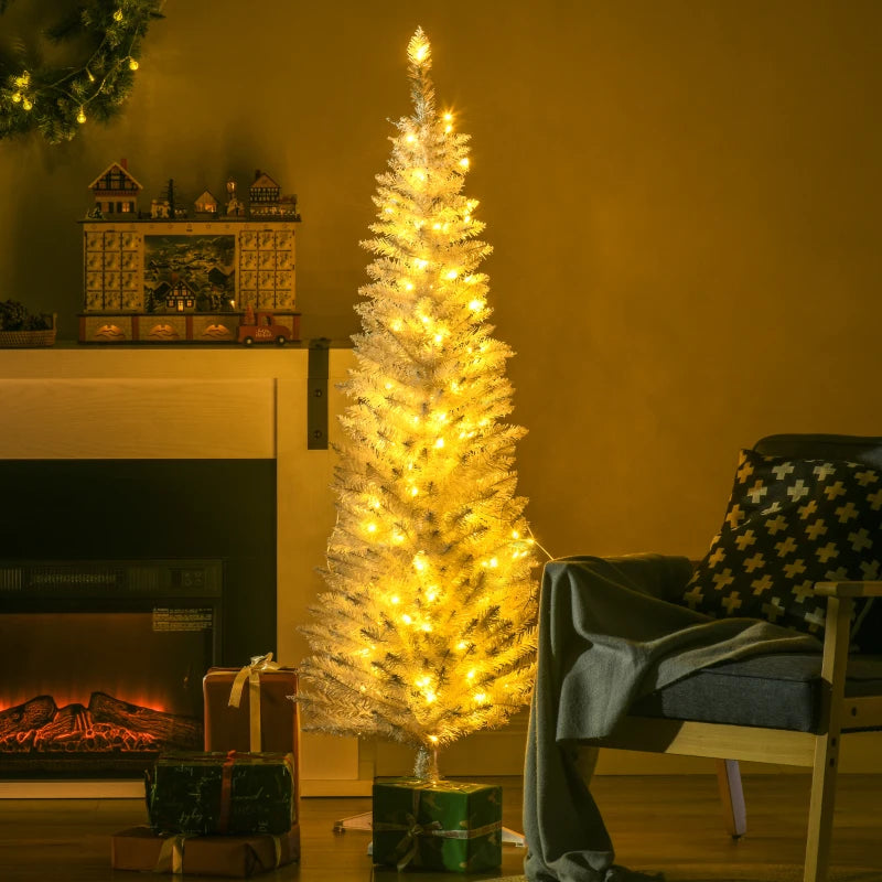 HOMCOM 5ft Pencil Christmas Tree, Slim Artificial Christmas Tree with Realistic Branches and Warm White LED Lights, White
