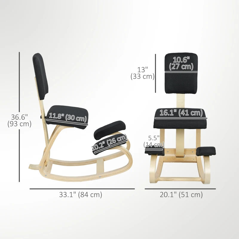 Ergonomic Kneeling Chair, Rocking Wood Kneel Stool with Backrest for Improve Posture, Back Pain, Black