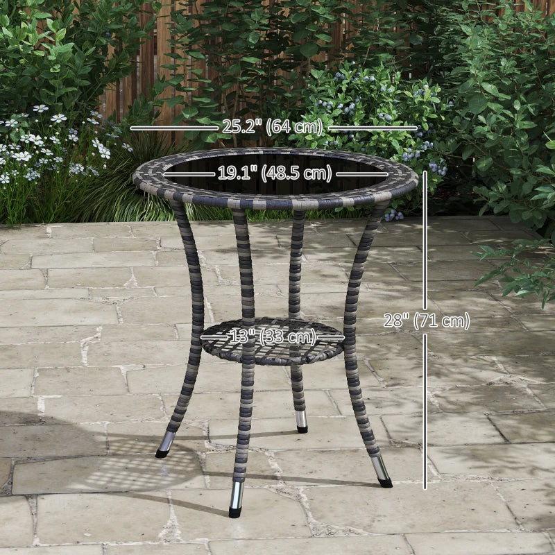 Outdoor Rattan Dining Table, Patio Wicker Round Coffee Table with 2-Tier Storage Shelf, Mixed Grey