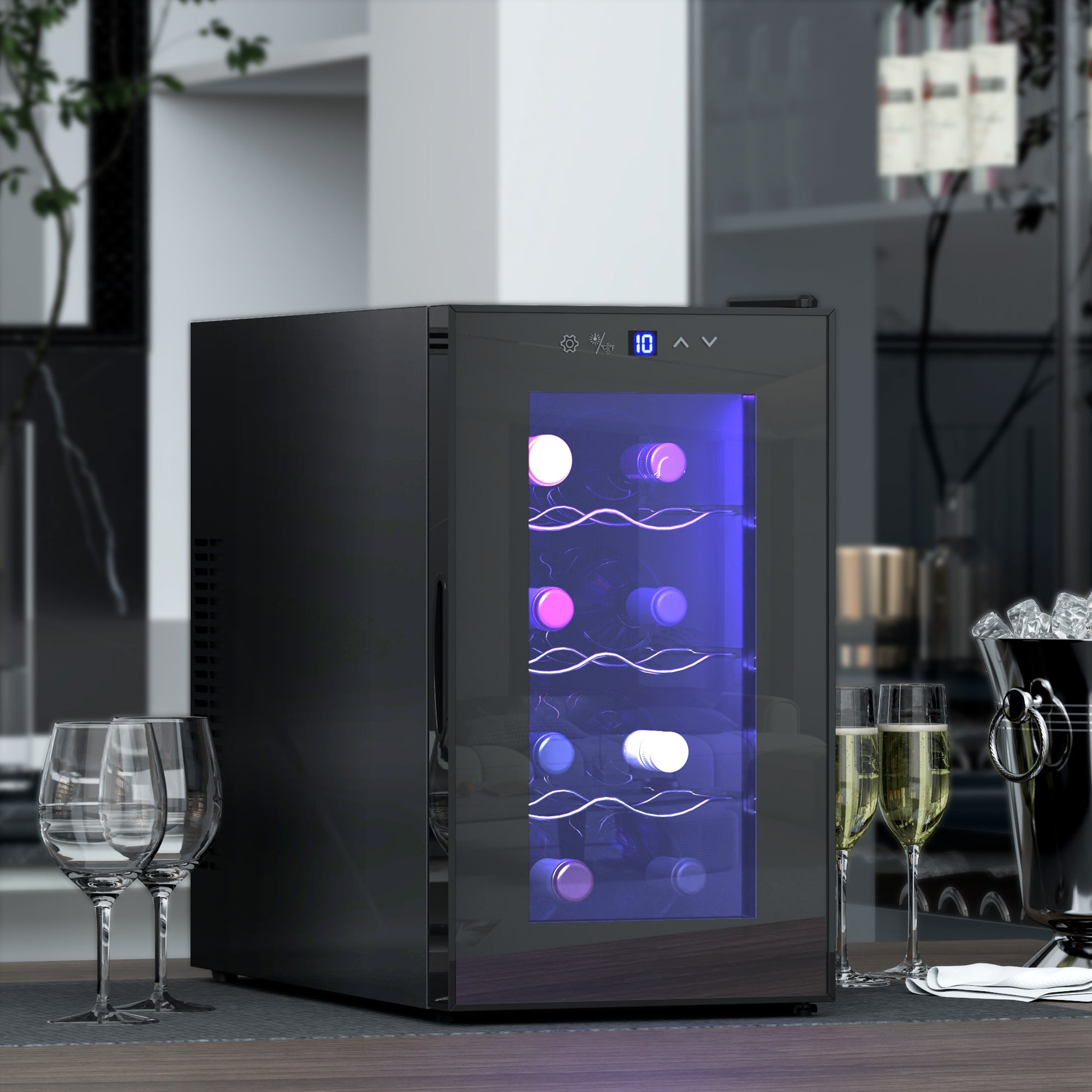 HOMCOM Quiet Wine Cooler Refrigerator, 8 Bottle, Beverage Wine Fridge with Glass Door, Temperature Control, for Champagne