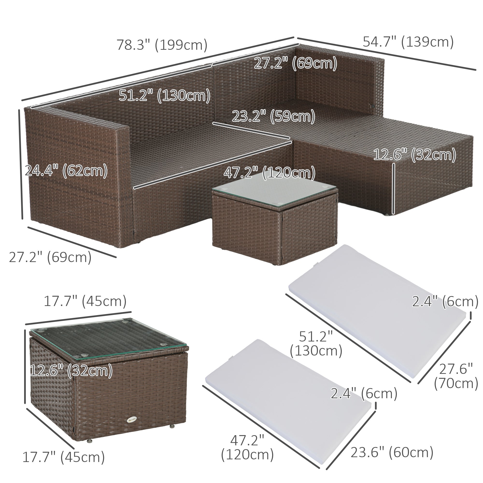 Outsunny 3pcs Modern Rattan Sofa Set, Wicker Patio Furniture Set with Coffee Table, Cushions, Pillows