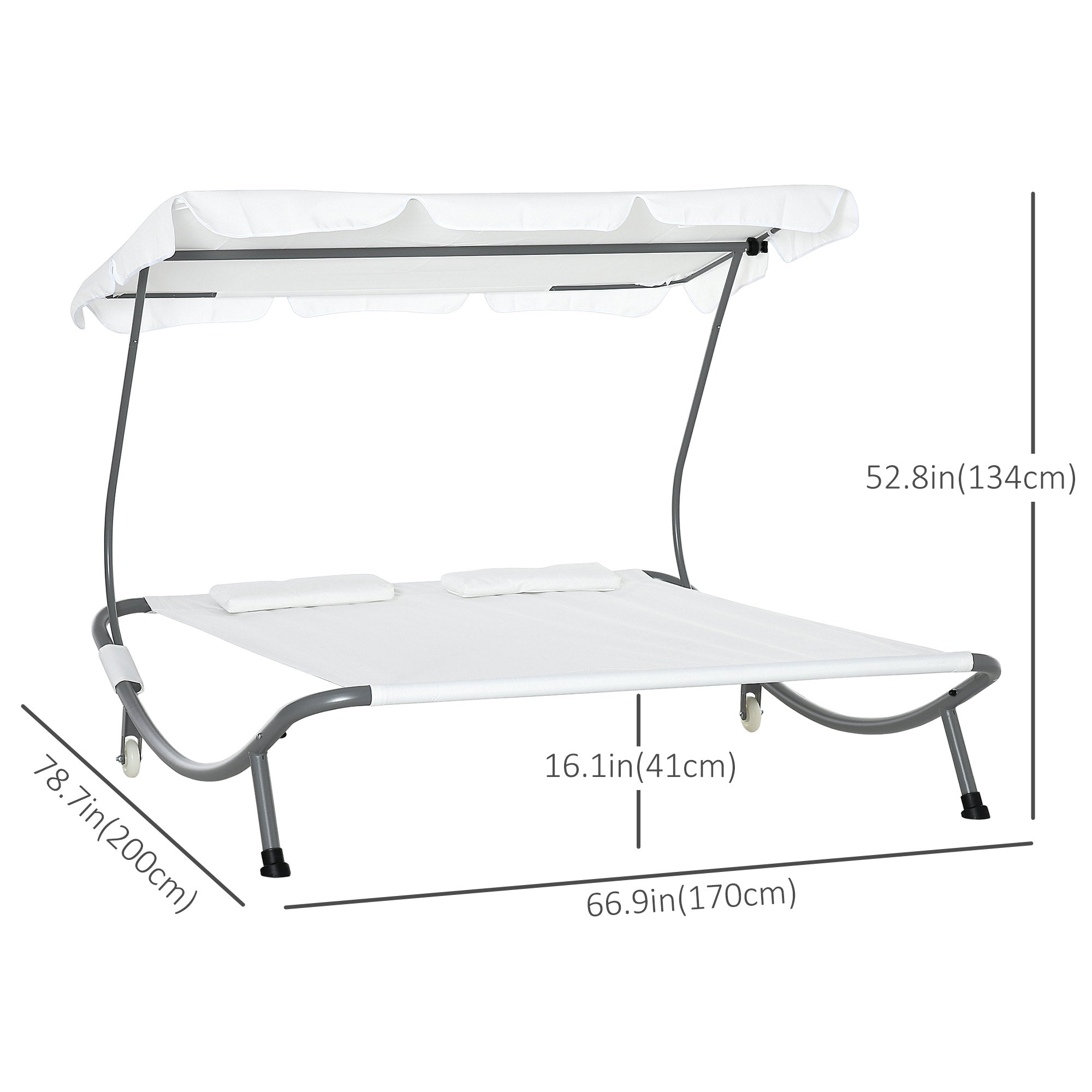 Outsunny Patio Double Chaise Outdoor Lounge Bed with Canopy and Headrest Pillow Cream White