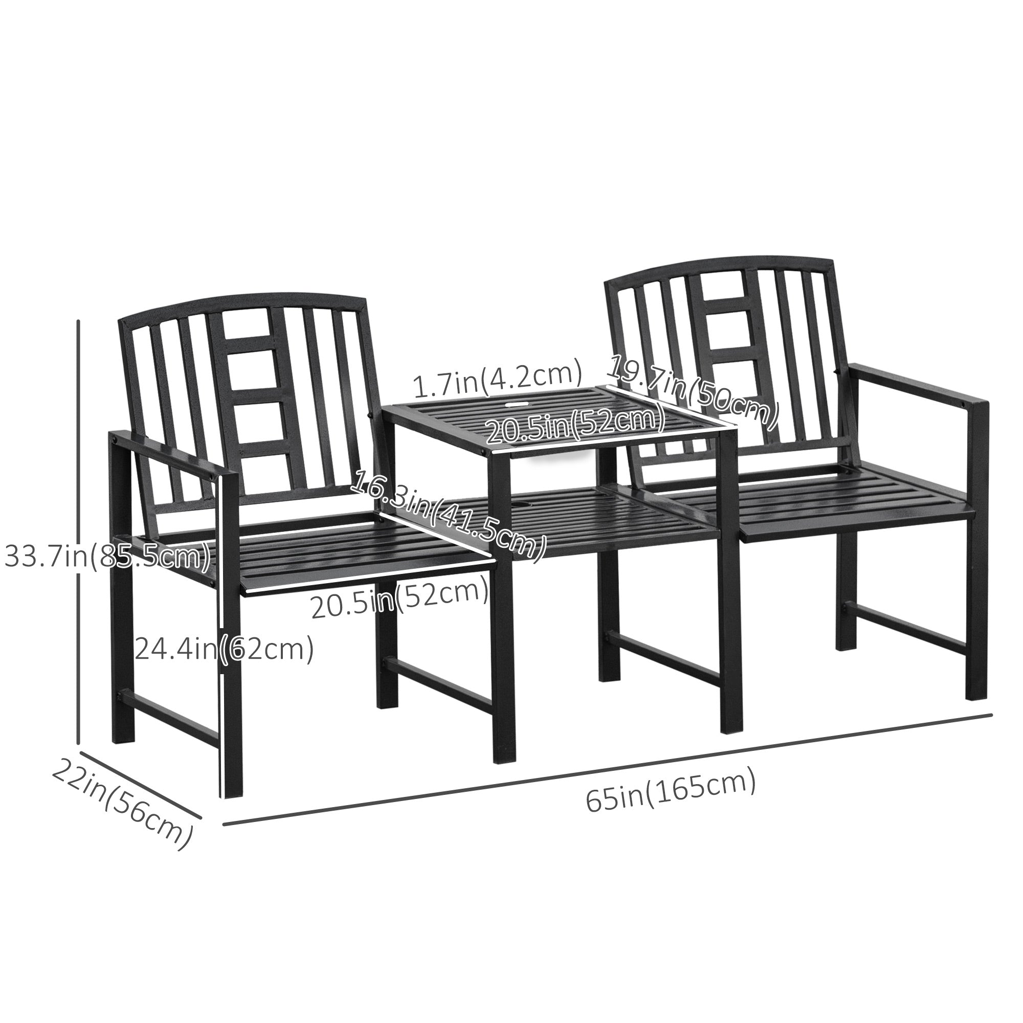 Outsunny Steel Garden Bench with Middle Table & Umbrella Hole, Double Seat, Weather-Resistant Frame for Outdoor, Patio, Black