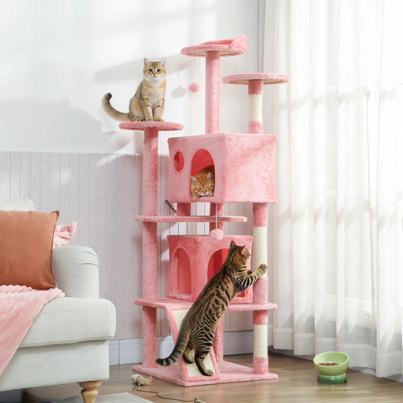 63" Cat Tree, Multi-Level Cat Tower with Scratching Posts, Cat Condos, Bed, Platforms, Ramp, Toy Ball, Pink