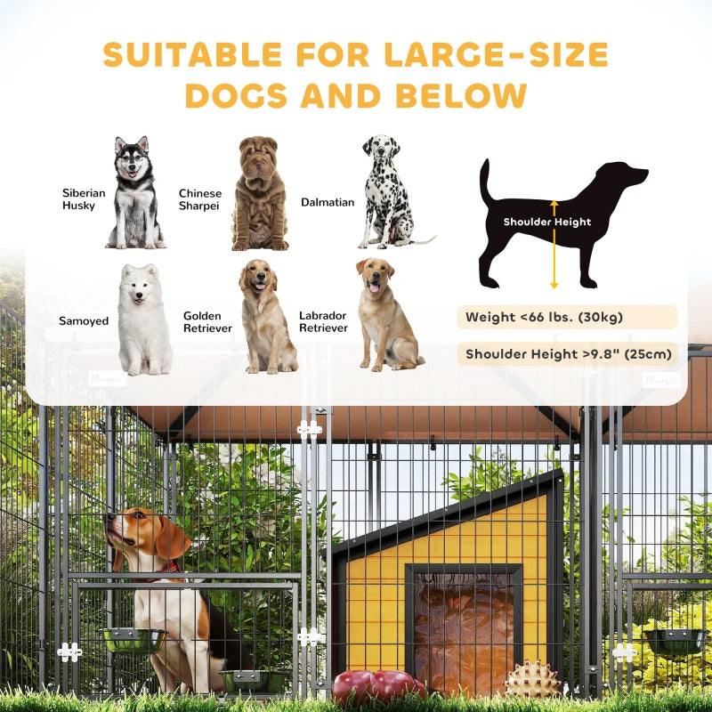 Large Outdoor Dog Kennel with 2 Rooms, Rotating & Adjustable Height Bowls, 13.5' x 9.4' x 5.1'