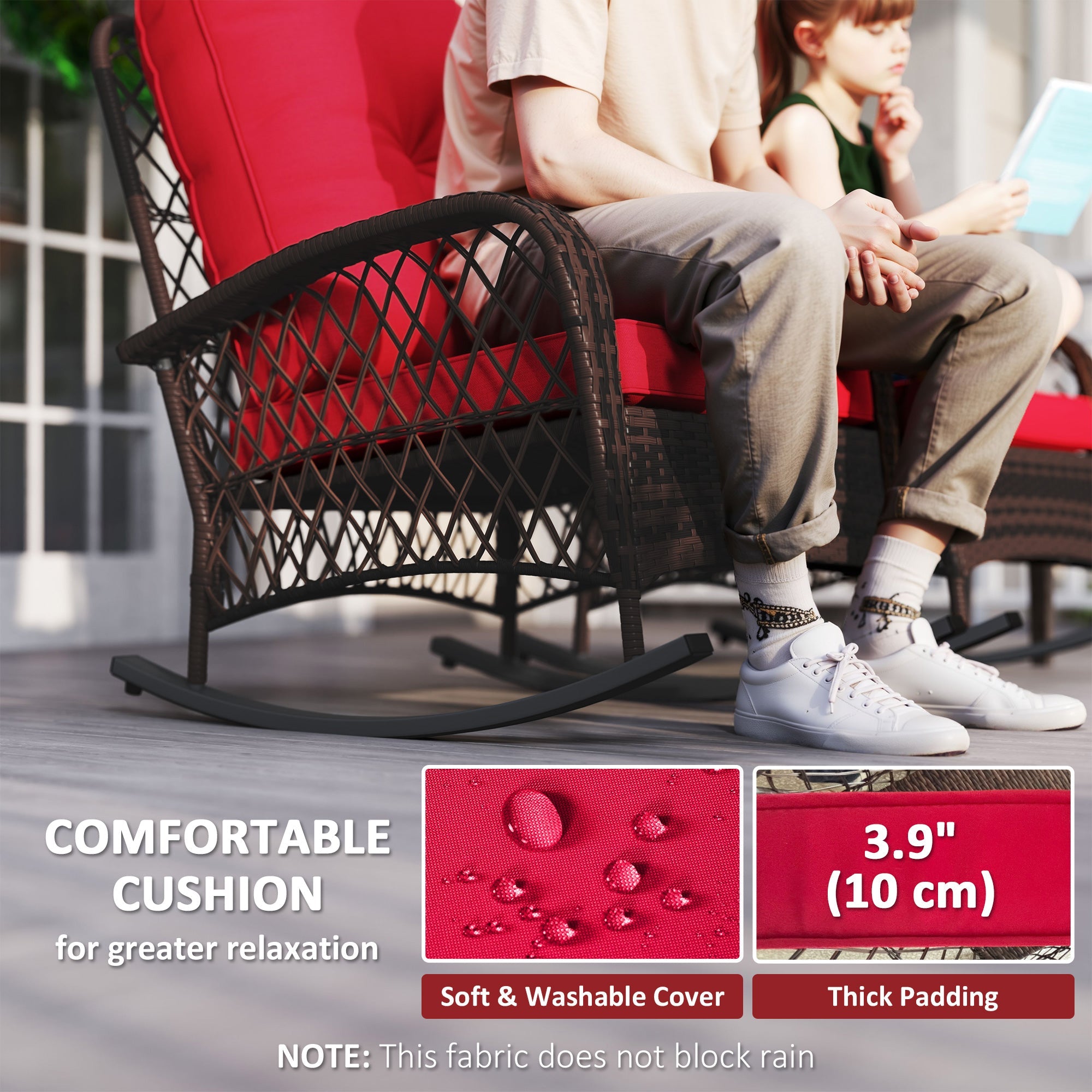Outsunny Outdoor Wicker Rattan Rocking Chair Set of 2, Patio Rocker with Thick Cushions for Garden Backyard Porch, Red
