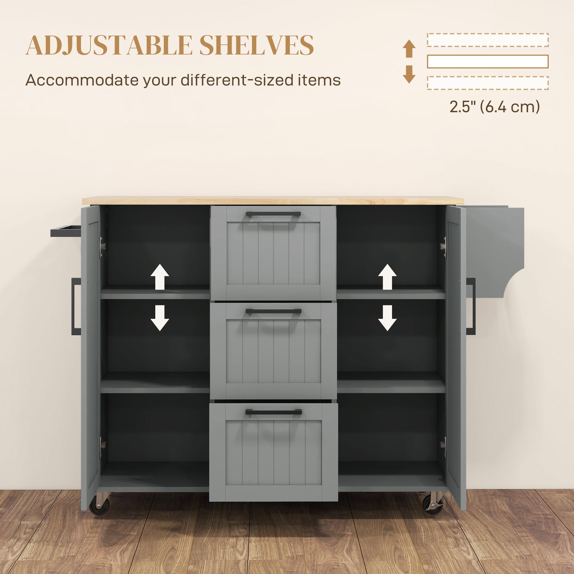 HOMCOM Rolling Kitchen Cart on Wheels with Drop Leaf, Kitchen Island with 3 Drawers, Solid Wood Top and Towel Rack, Grey