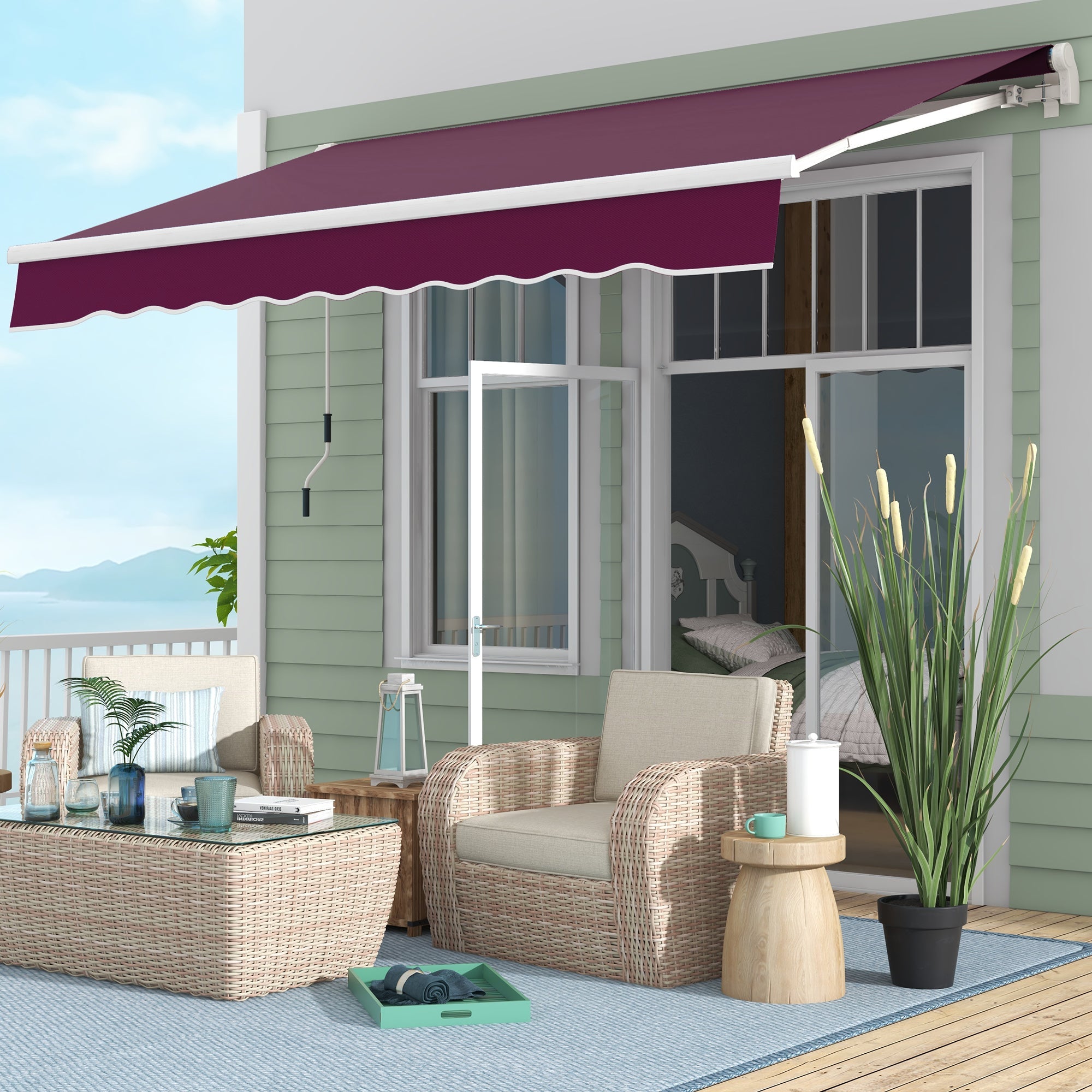 Outsunny 10' x 8' Manual Retractable Awning with LED Lights, Aluminum Frame Sun Canopies for Patio Door Window, Wine Red