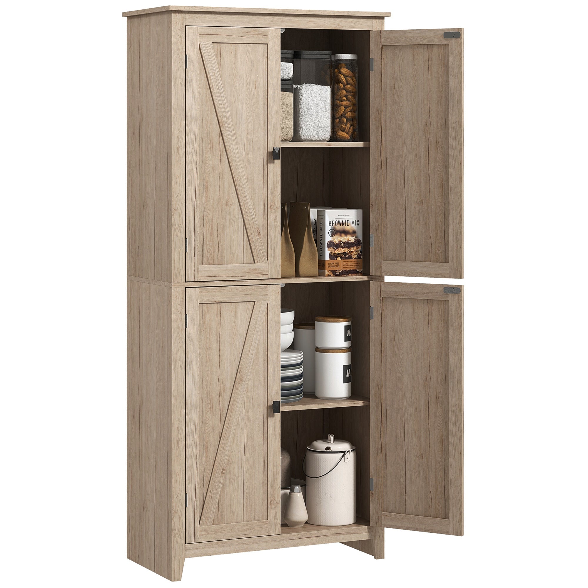 HOMCOM Natural 72" 4-Door Kitchen Pantry: Freestanding Buffet Cabinet, Pantry Organizer with 4-Tier Shelves