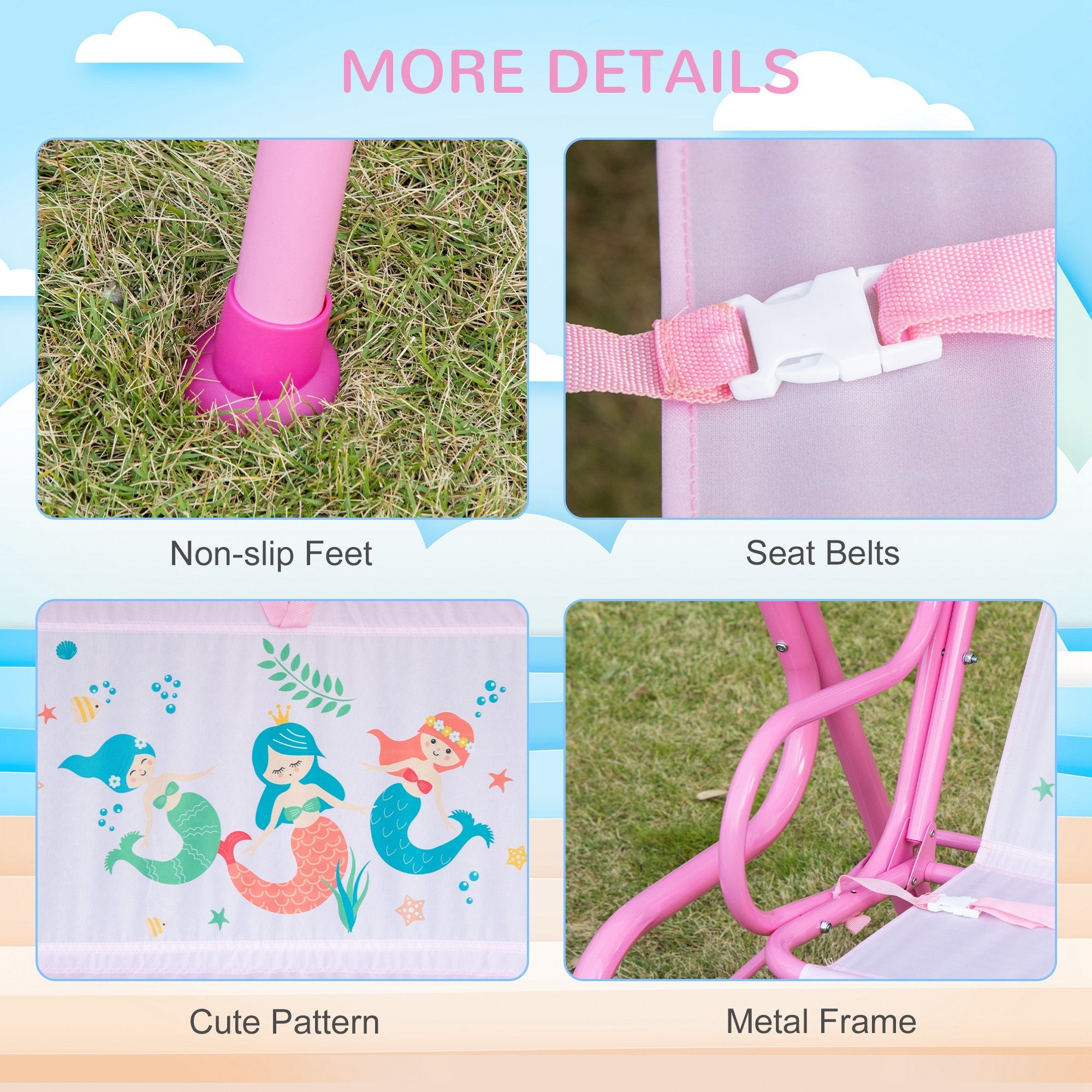 Outsunny 2-Seat Kid Swing with Canopy Mermaid Pattern Pink Outdoor Patio Chair Adjustable Awning