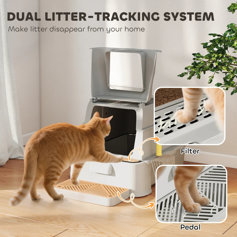 80L XL Stainless Steel Cat Litter Box for Big Cats with Flip Cover, Pull-Out Drawer Tray, High Sided, Pedal, Light Grey