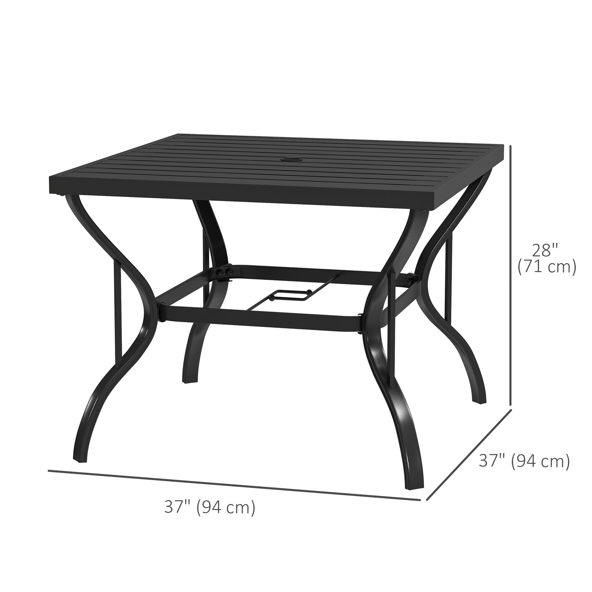 Outsunny 37" Square Outdoor Dining Table, Galvanized Steel Patio Table with 2" Umbrella Hole, Slatted Metal Top, Black