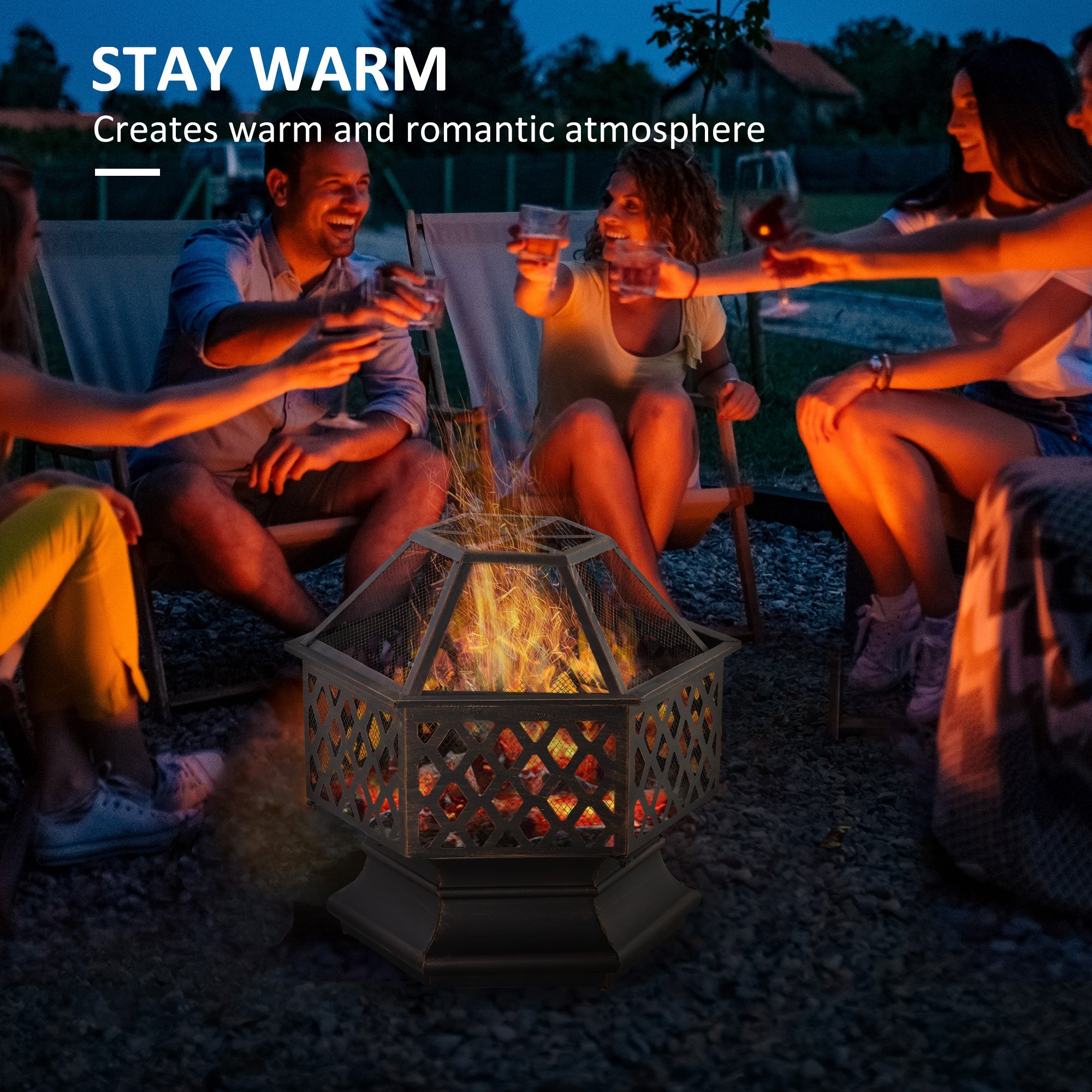 Outsunny Portable Outdoor Fire Pit Bronze Screen Cover Wood Burning Bowl Poker Patio Backyard Decor